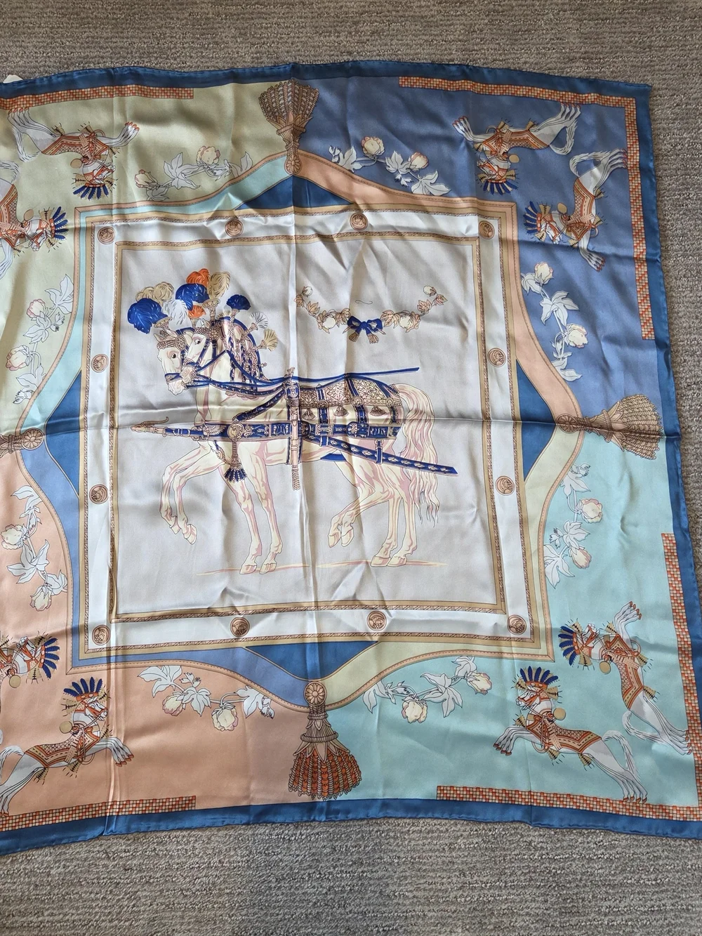 NWT Vintage-Style Equestrian Satin Scarf – Horse & Carriage Print, Blue/Pastel, - Picture 2 of 4